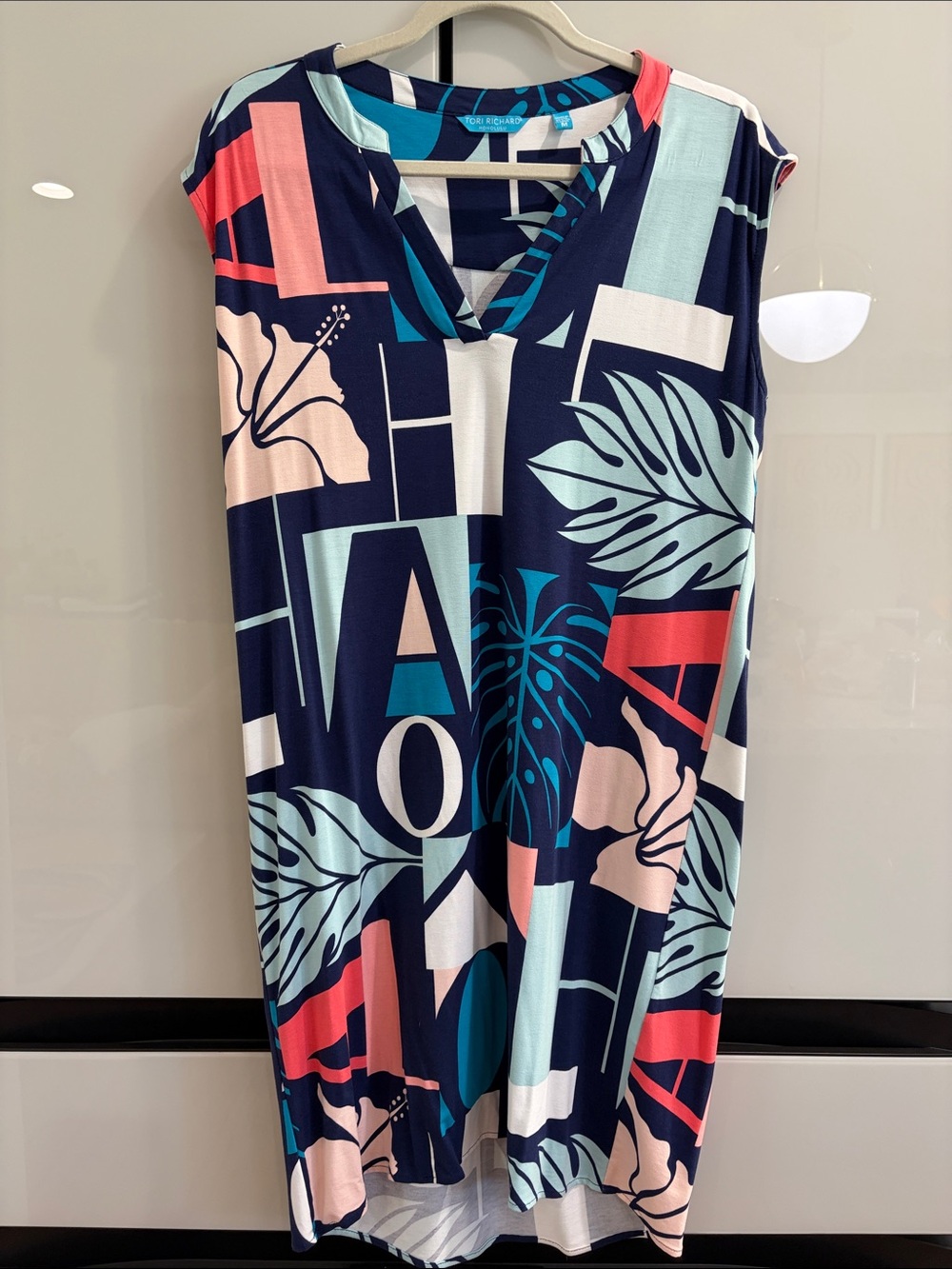 Tori Richard Navy Multicolor Geometric Floral Dress with Coral and Aqua Accents